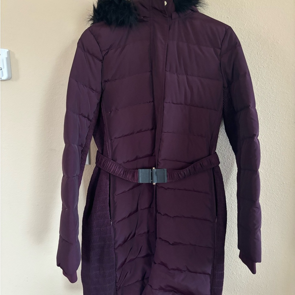 Purple Puffer Jacket with Hood and Belt